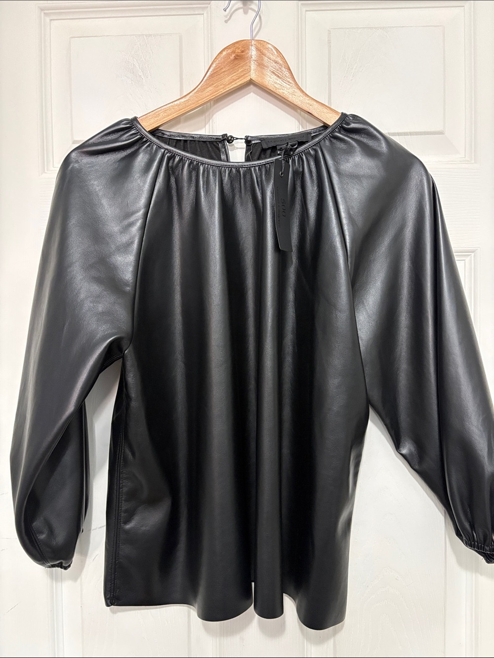 NWT Maison Cinqcent Faux Leather Black Balloon Sleeve Top